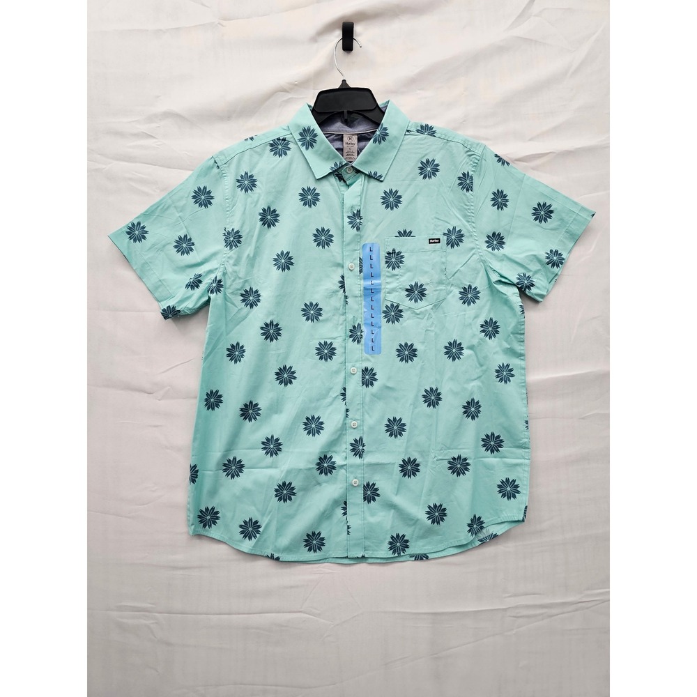 Hurley Mens Turquoise Floral Sunburst Short Sleeve Button Down Shirt L